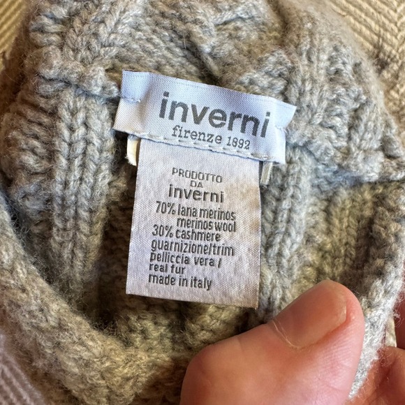 Inverni Firenze 1892 Grey Merino Wool Cashmere‎ Real Fur Pom Beanie Hat Italy main image 5